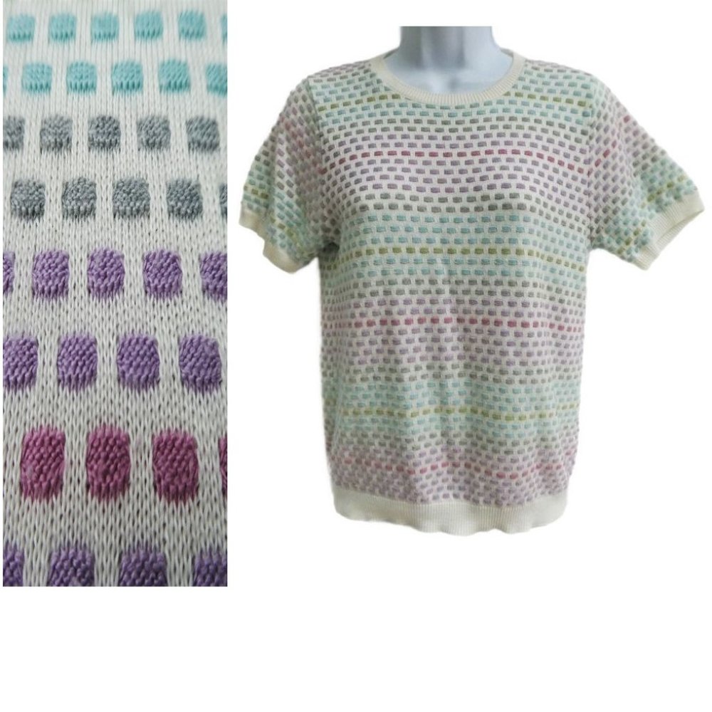 Vintage 80s 90s Sweater Knit Short Sleeve Pullover Crew Neck Colored Rectangles